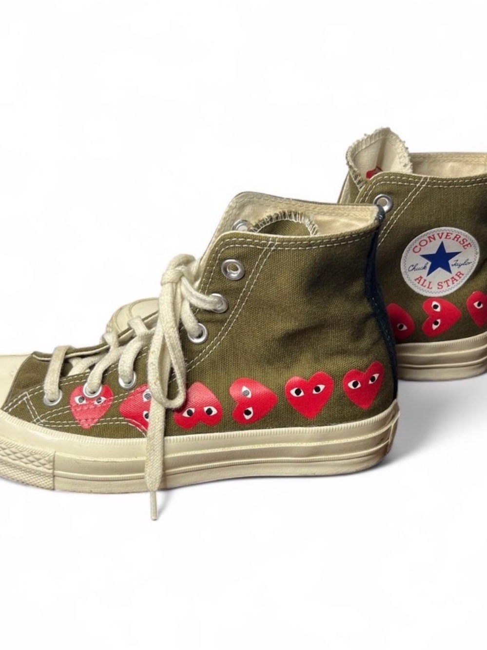 Converse Comme Des Garçons Green Canvas High-Top Sneakers with Red Heart Eyes